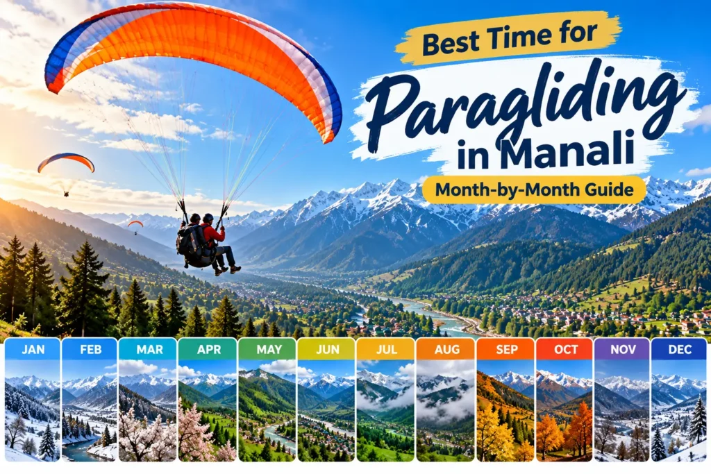 Tandem flight showing the best time for paragliding in Manali over the Beas River